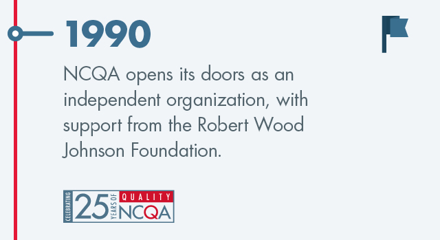 In 1990 NCQA opens its doors as an independent organization, with support from the Robert Wood Johnson Foundation.