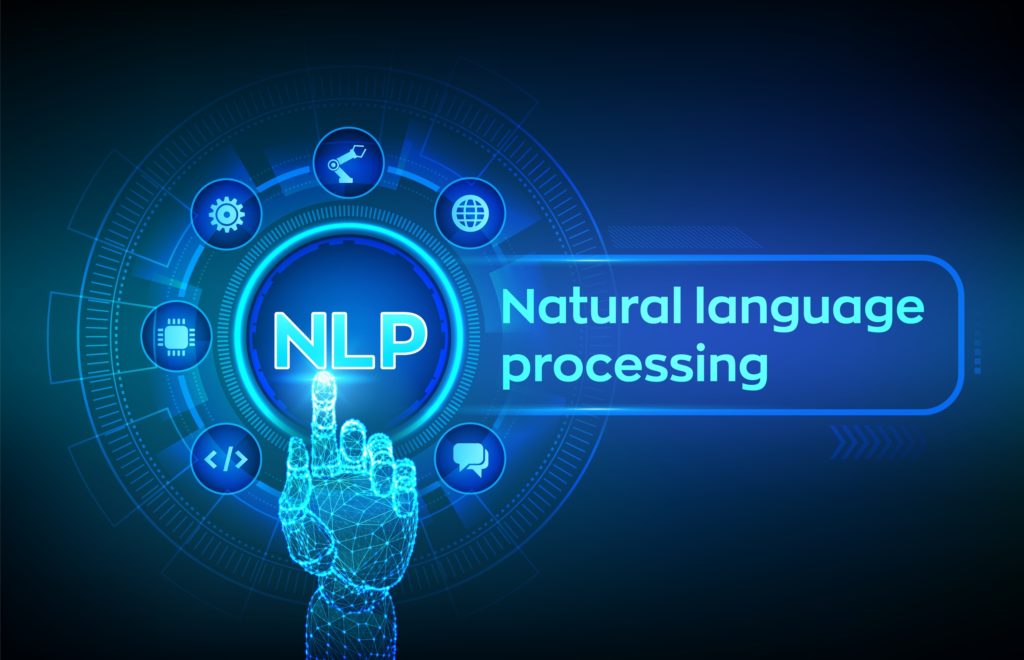 NLP. Natural language processing cognitive computing technology concept on virtual screen. Natural language science concept. Robotic hand touching digital interface.